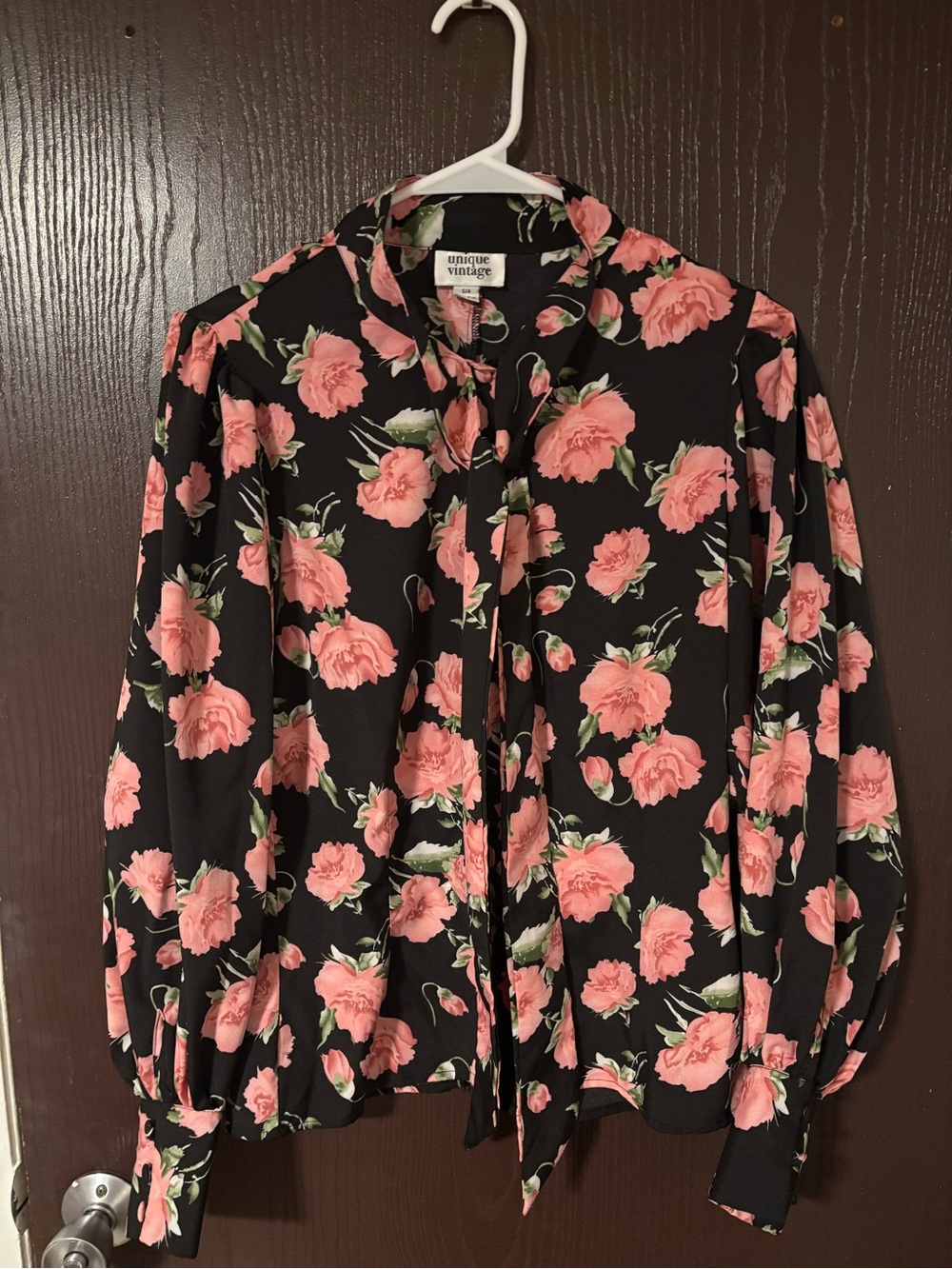 Unique Vintage Black with Pink Rose Tie-Neck 1940s Style Blouse